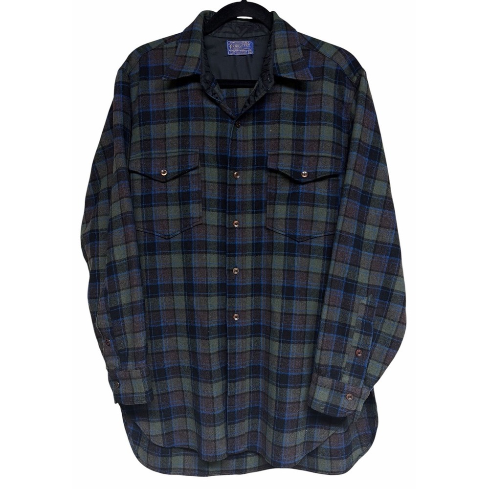 Vintage Pendleton Wool Flannel Shirt Green Plaid Men's Size Large (16.5)